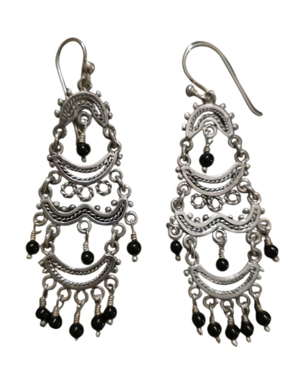 Silver Chandelier Earrings with Black Onyx Beads